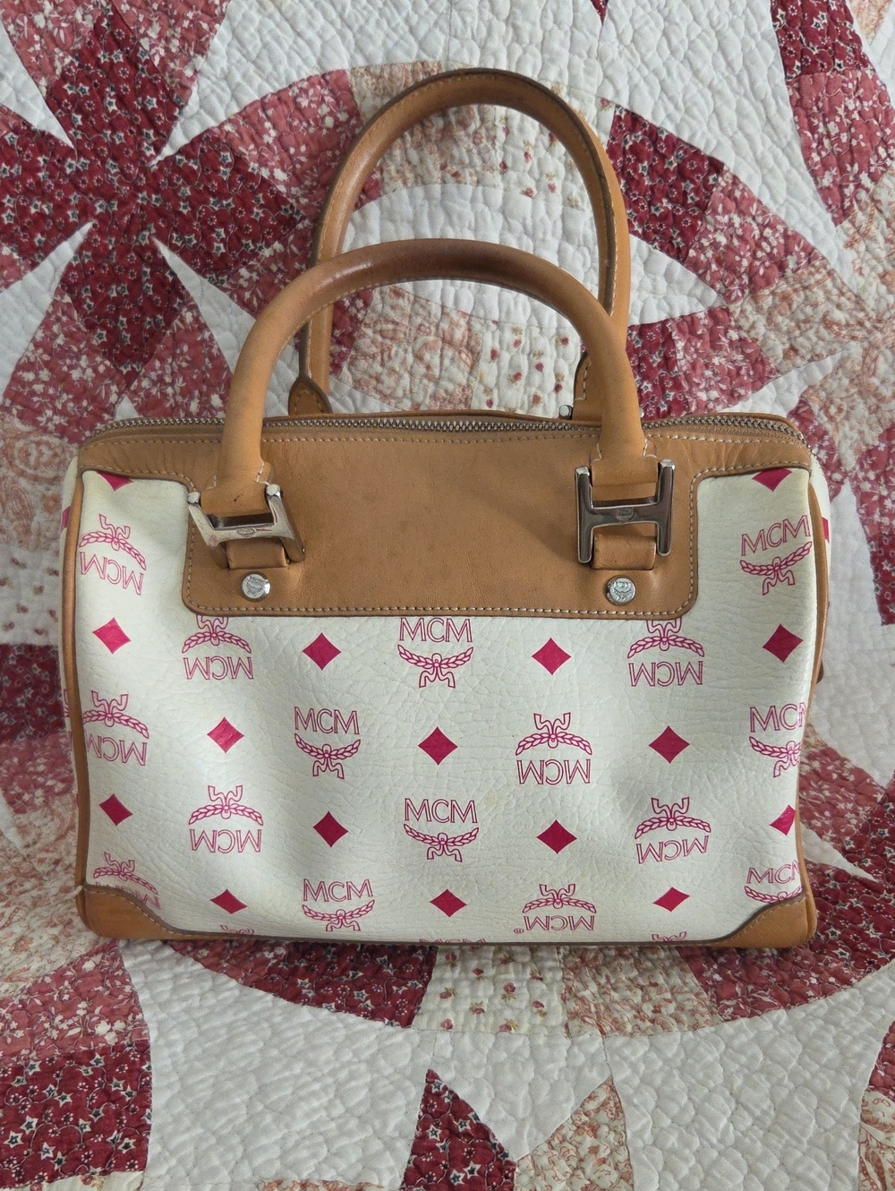 MCM Cream Canvas Satchel with Pink Logo and Tan Leather Trim - Picture 3 of 7